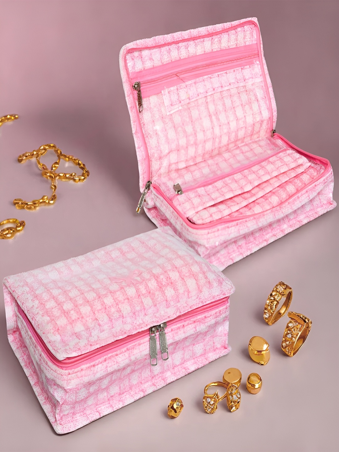 

Kuber Industries Pink & White 2 Pieces Checked Reusable Jewellery Organisers