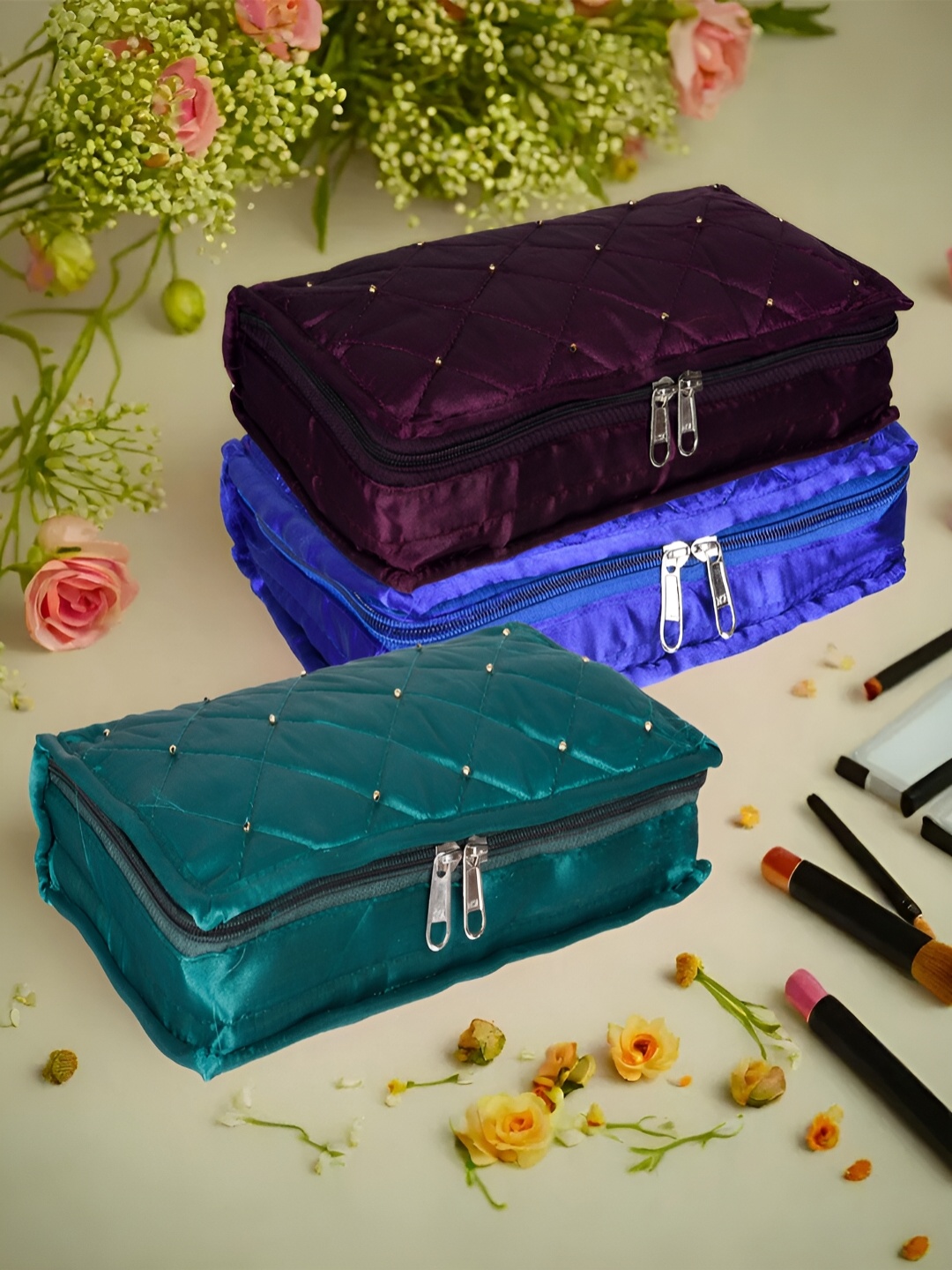 

Kuber Industries Blue & Green 3 Pieces Self Design Reusable Jewellery Organisers