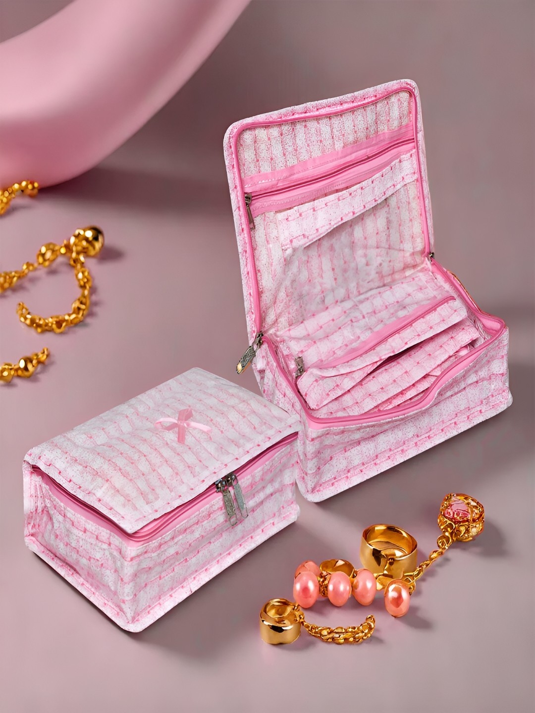 

Kuber Industries Pink & White 2 Pieces Checked Reusable Jewellery Organisers