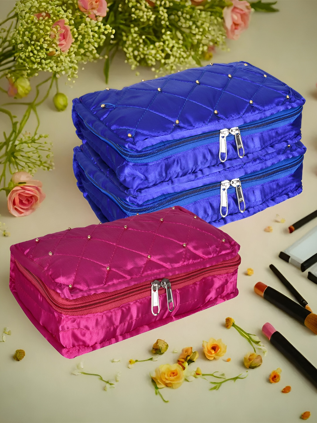 

Kuber Industries Blue & Pink 3 Pieces Self Design Reusable Jewellery Organisers