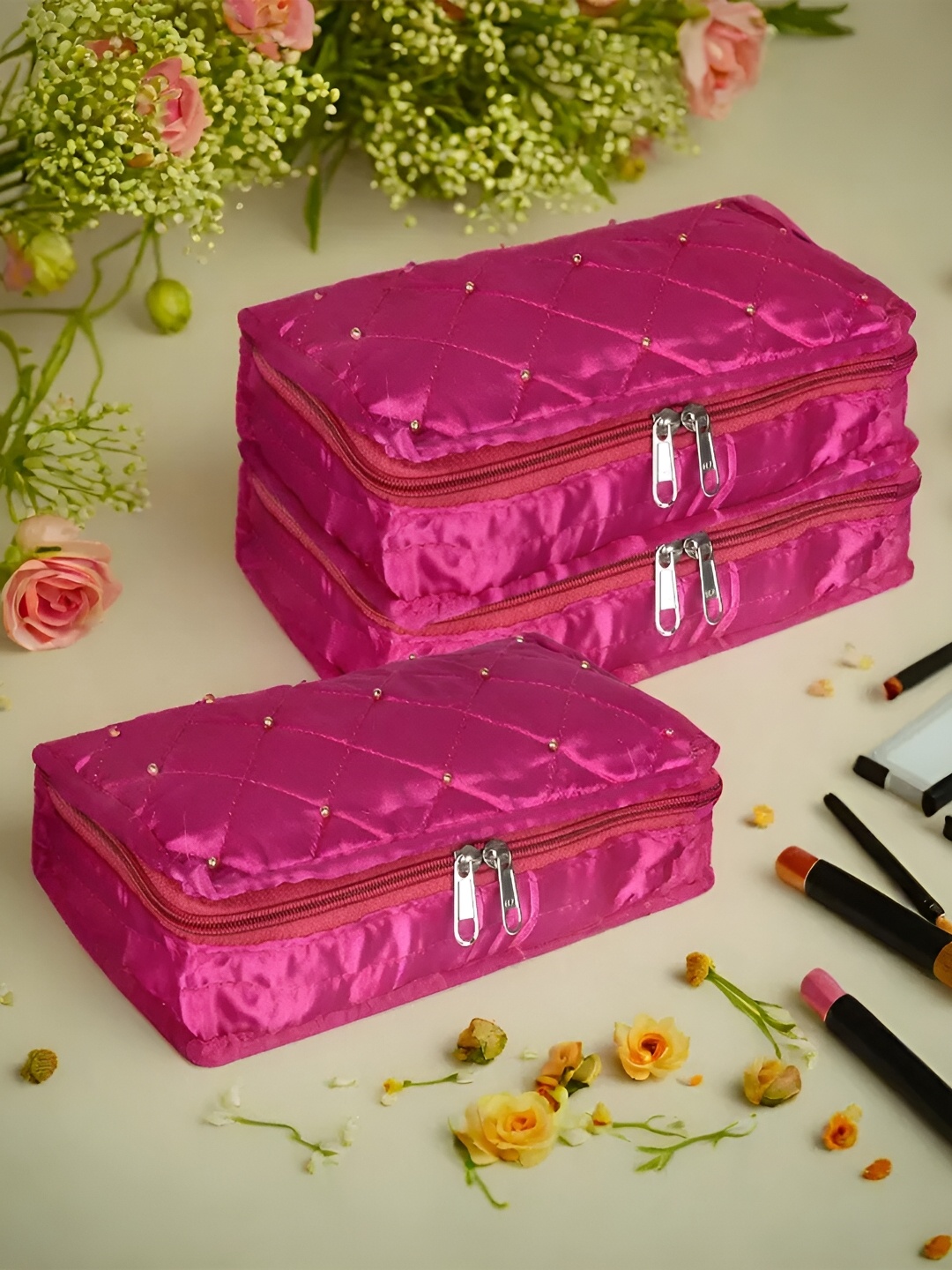 

Kuber Industries Pink 3 Pcs Reusable Jewellery Organisers