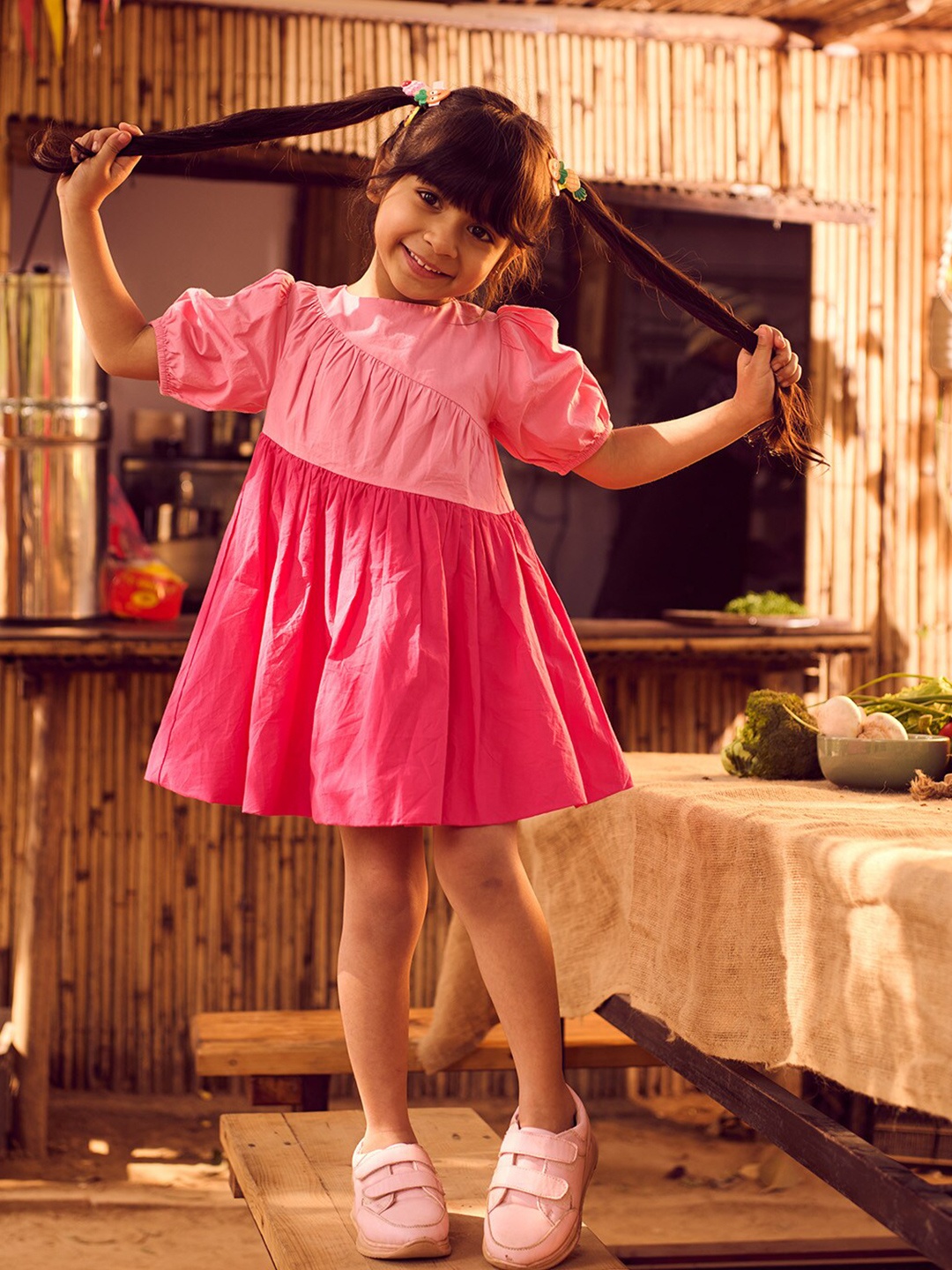 

Somersault Girls Puff Sleeves Pure Cotton A-Line Dress, Pink