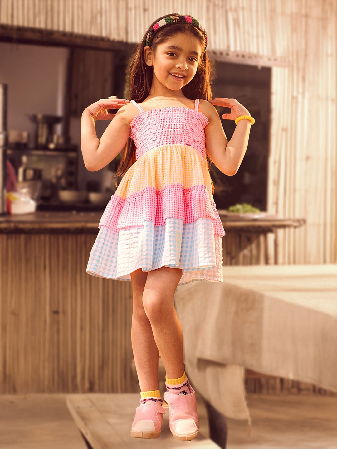 

Somersault Girls Checked Cotton Shoulder Straps Flared Fit & Flare Dress, Pink
