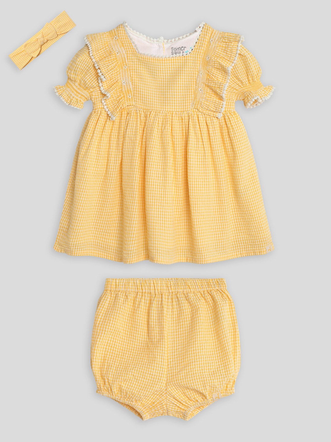 

Somersault Girls Checked Cotton Flared Flutter Sleeve A-Line Dress, Yellow