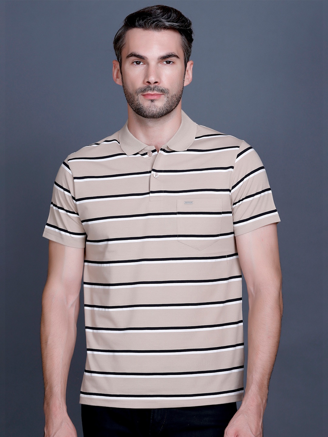 

GODFREY Horizontal Striped Polo Collar Pocket T-shirt, Beige