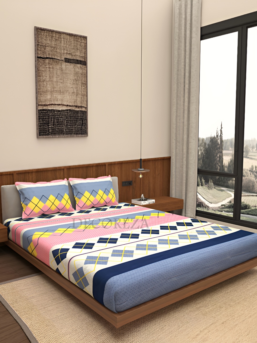 

DECOREZA Cream and Blue Geometric 300 TC Cotton King Bedsheet with 2 Pillow Covers