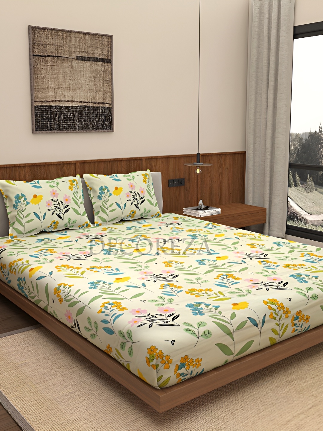 

DECOREZA Yellow and Green Floral 300 TC Cotton King Bedsheet with 2 Pillow Covers