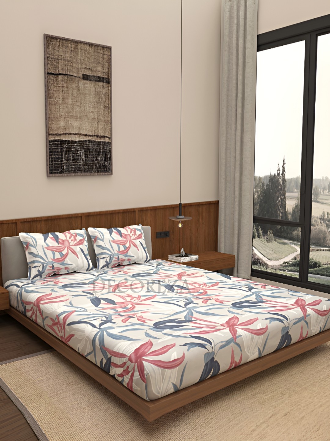 

DECOREZA White and Pink Floral 300 TC Cotton King Bedsheet with 2 Pillow Covers