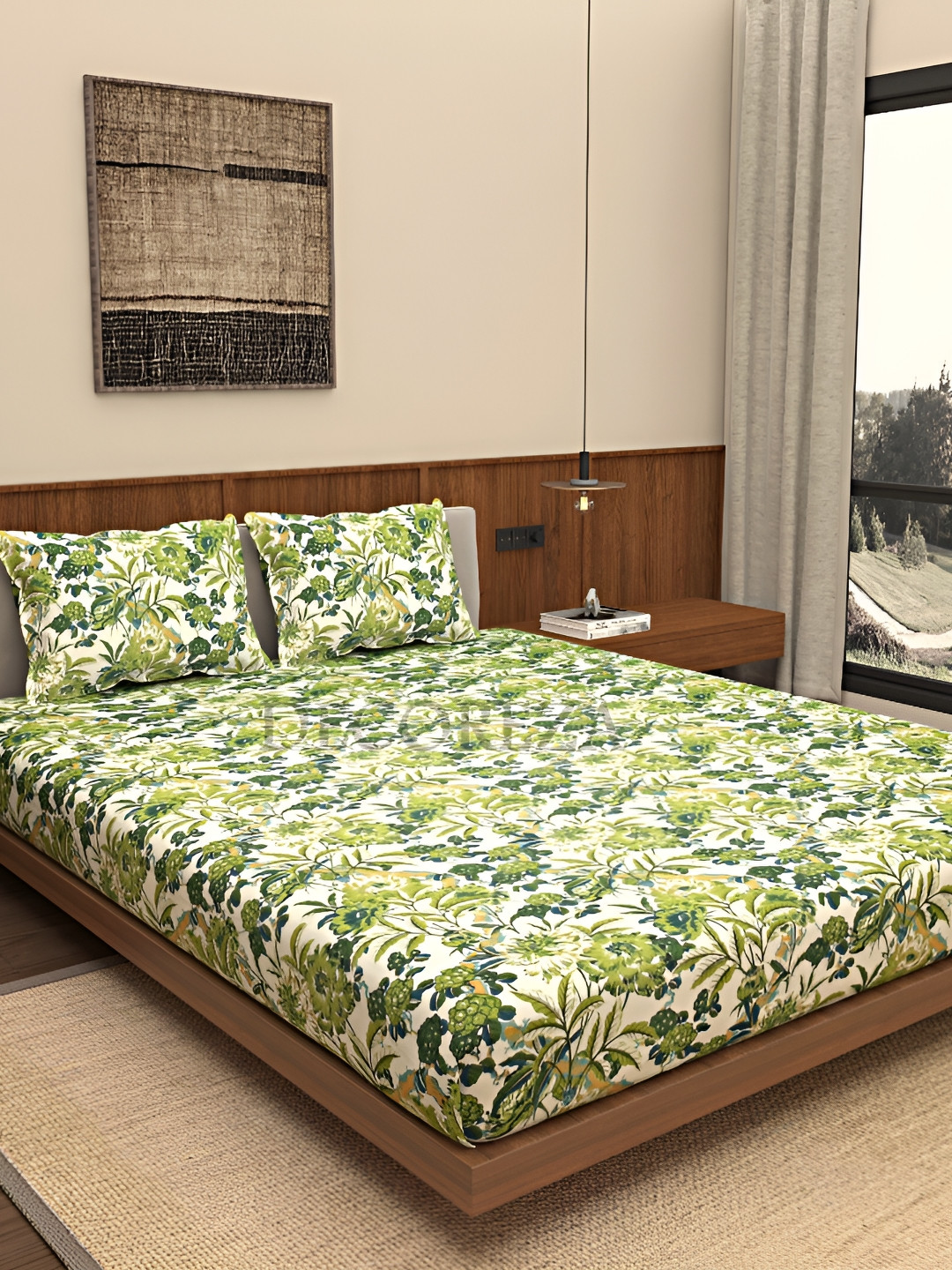 

DECOREZA Green and White Floral 300 TC Cotton King Bedsheet with 2 Pillow Covers