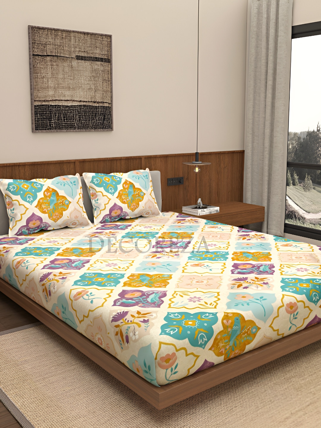 

DECOREZA Beige and Green Floral 300 TC Cotton King Bedsheet with 2 Pillow Covers