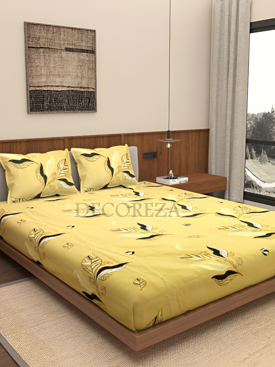 

DECOREZA Yellow and Black Floral 300 TC Cotton King Bedsheet with 2 Pillow Covers
