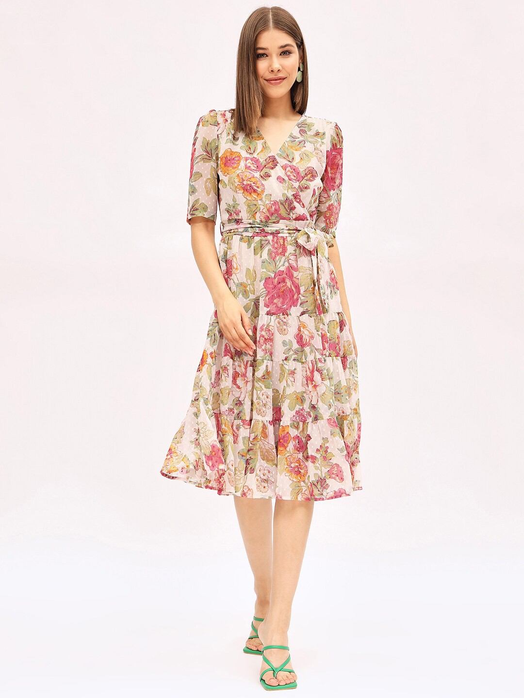 

Harpa Floral Printed Puff Sleeves Tiered Tie Up Fit & Flare Dress, Beige