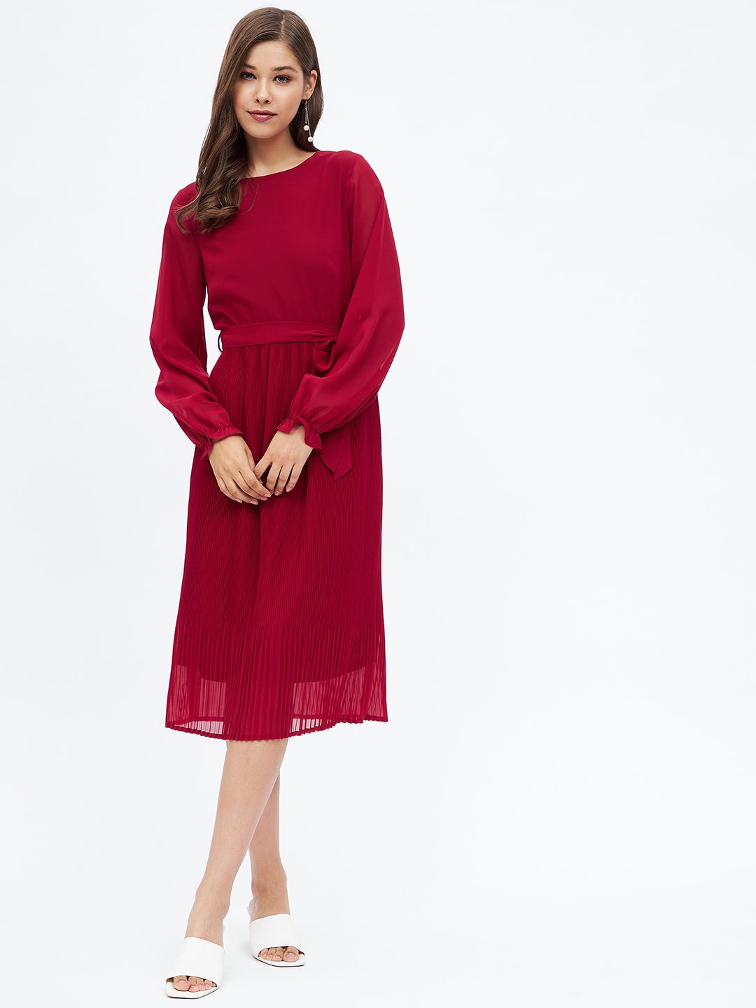 

Harpa Round Neck Long Puff Sleeves A-Line Midi Dress, Maroon