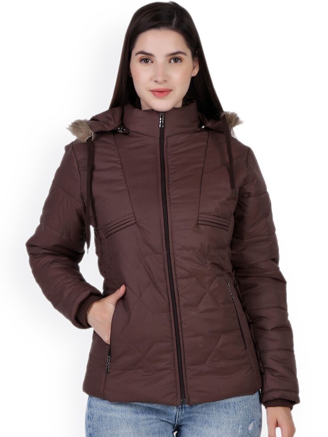 

BARSTOW Hooded Faux Fur Trim Detailed Rapid-Dry Lightweight Puffer Jacket, Coffee brown
