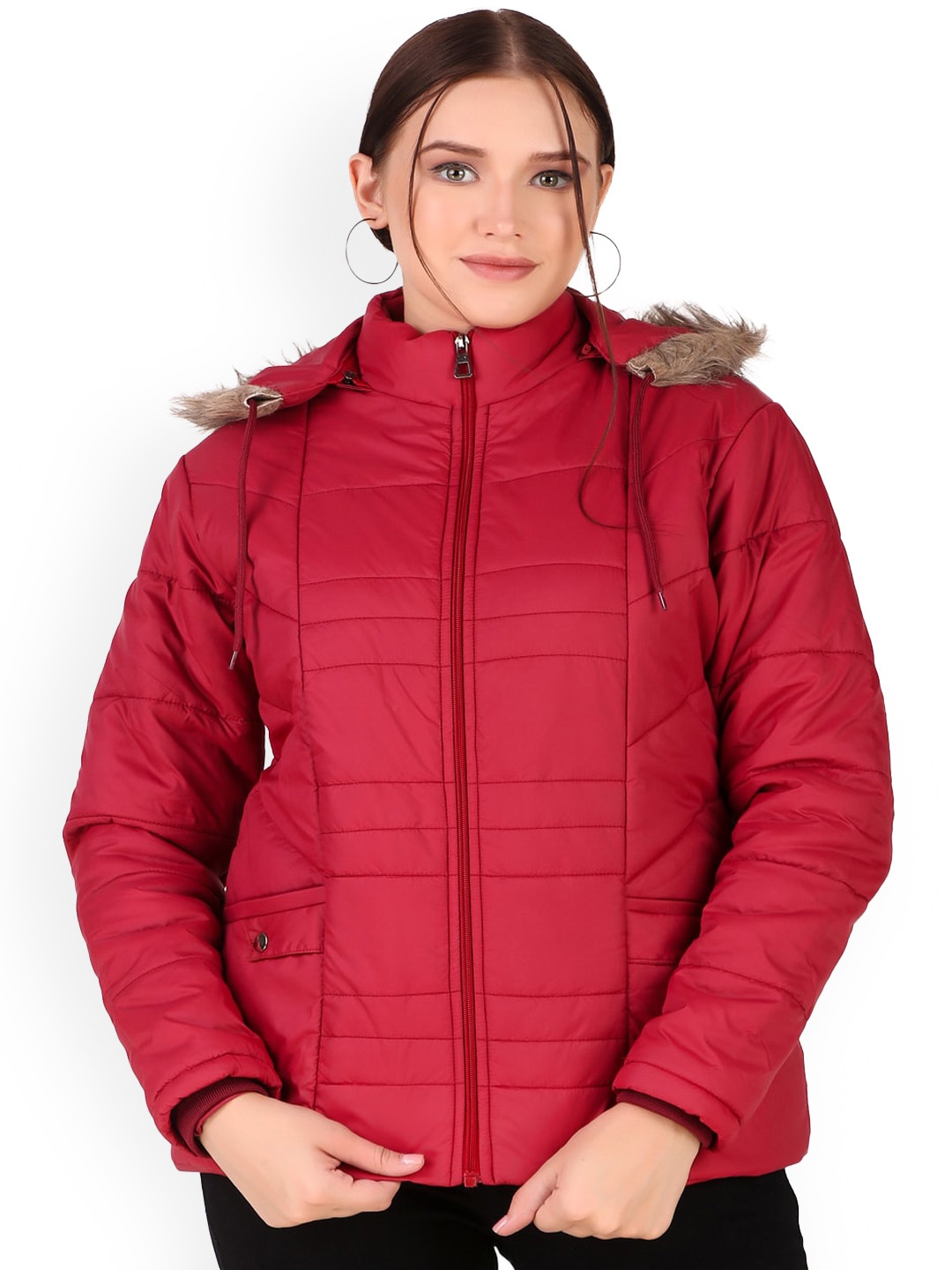 

BARSTOW Hooded Faux Fur Trim Detailed Rapid-Dry Lightweight Puffer Jacket, Maroon