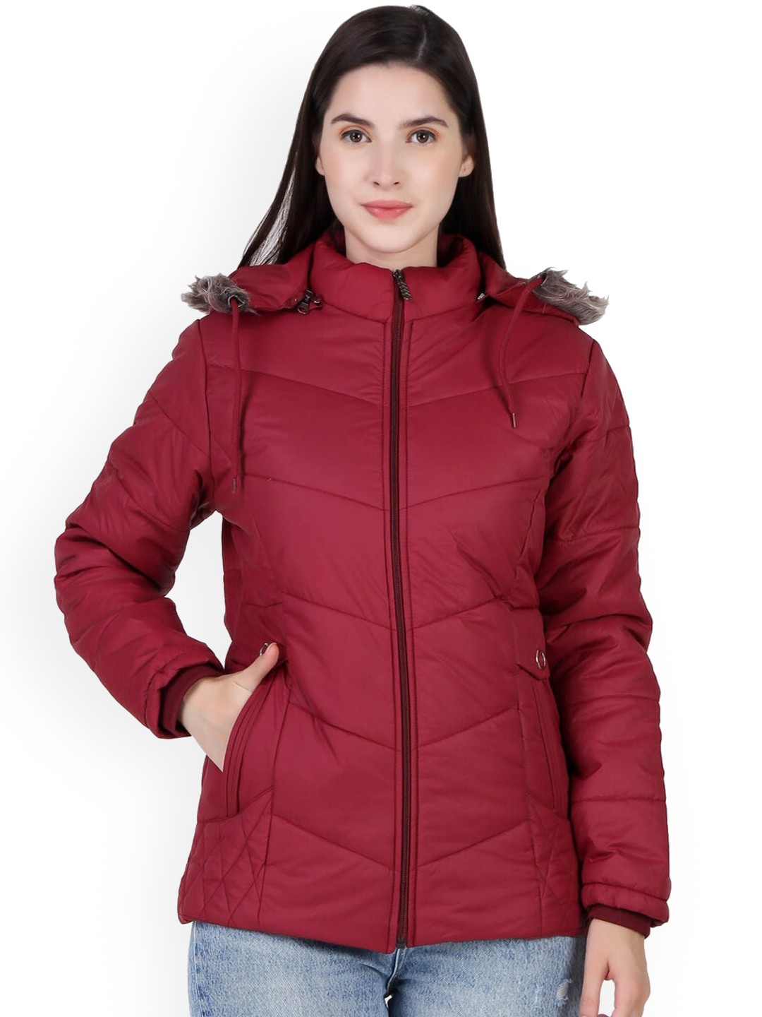 

BARSTOW Hooded Faux Fur Trim Detailed Rapid-Dry Lightweight Puffer Jacket, Maroon