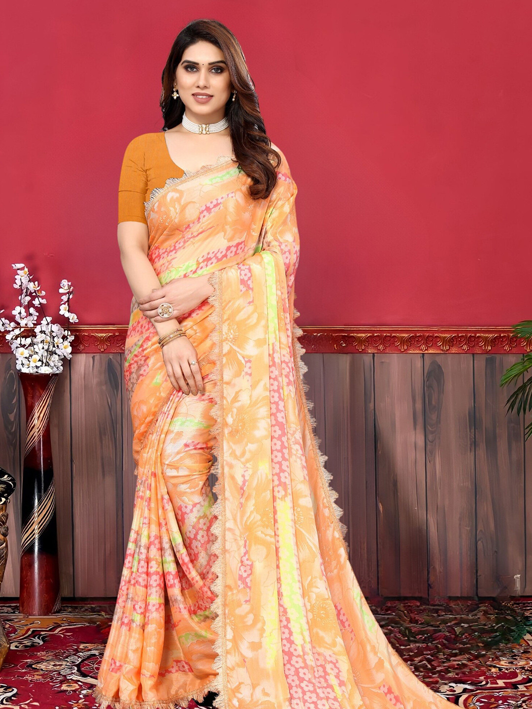 

MAGMINA Floral Printed Embellished Satin Banarasi Saree, Yellow
