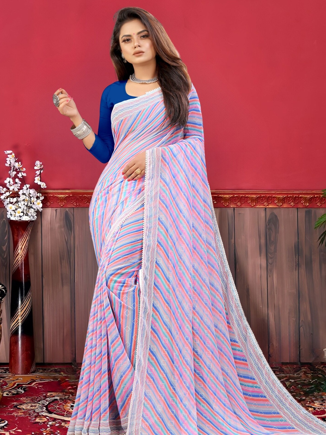 

MAGMINA Striped Printed Saree, Blue