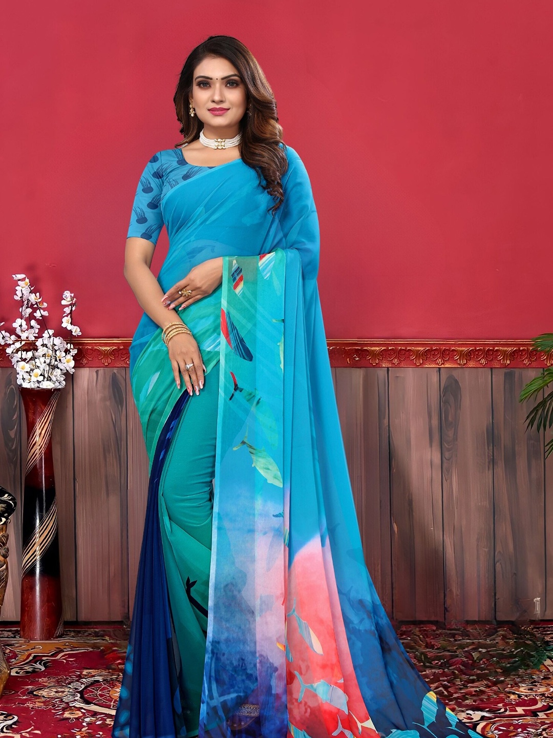 

MAGMINA Printed Banarasi Saree, Blue