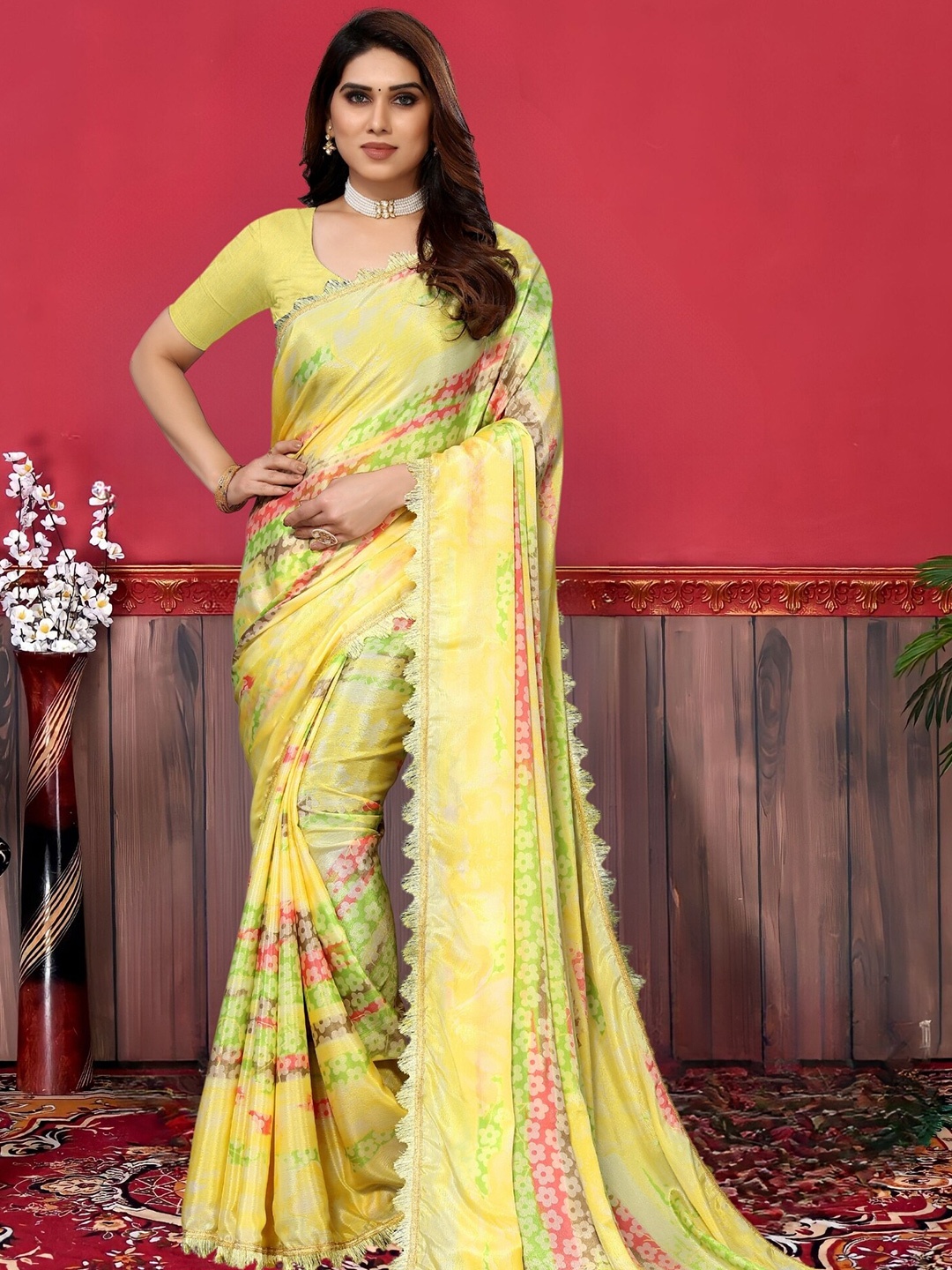 

MAGMINA Floral Printed Embellished Satin Saree, Yellow