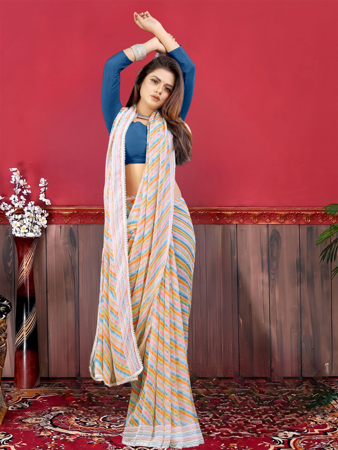 

MAGMINA Striped Printed Saree, Orange
