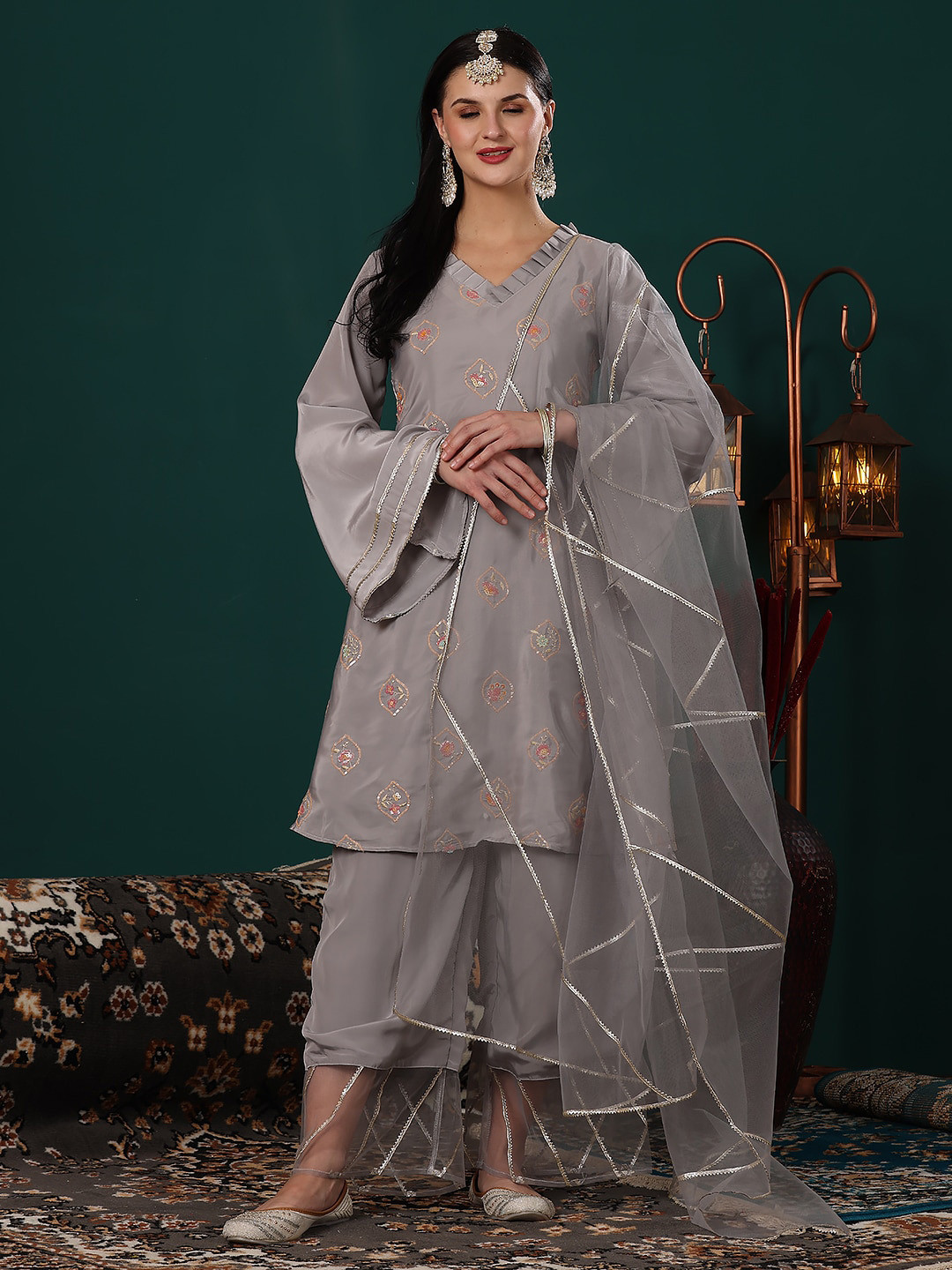 

Ethnovog Ethnic Motifs Embroidered Regular Sequinned Kurta with Palazzos & Dupatta, Grey