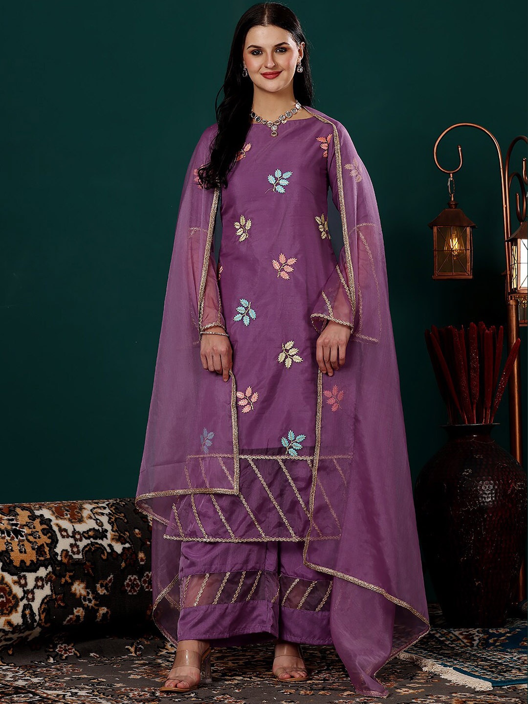 

Ethnovog Ethnic Motifs Embroidered Regular Thread Work Kurta with Palazzos & Dupatta, Purple