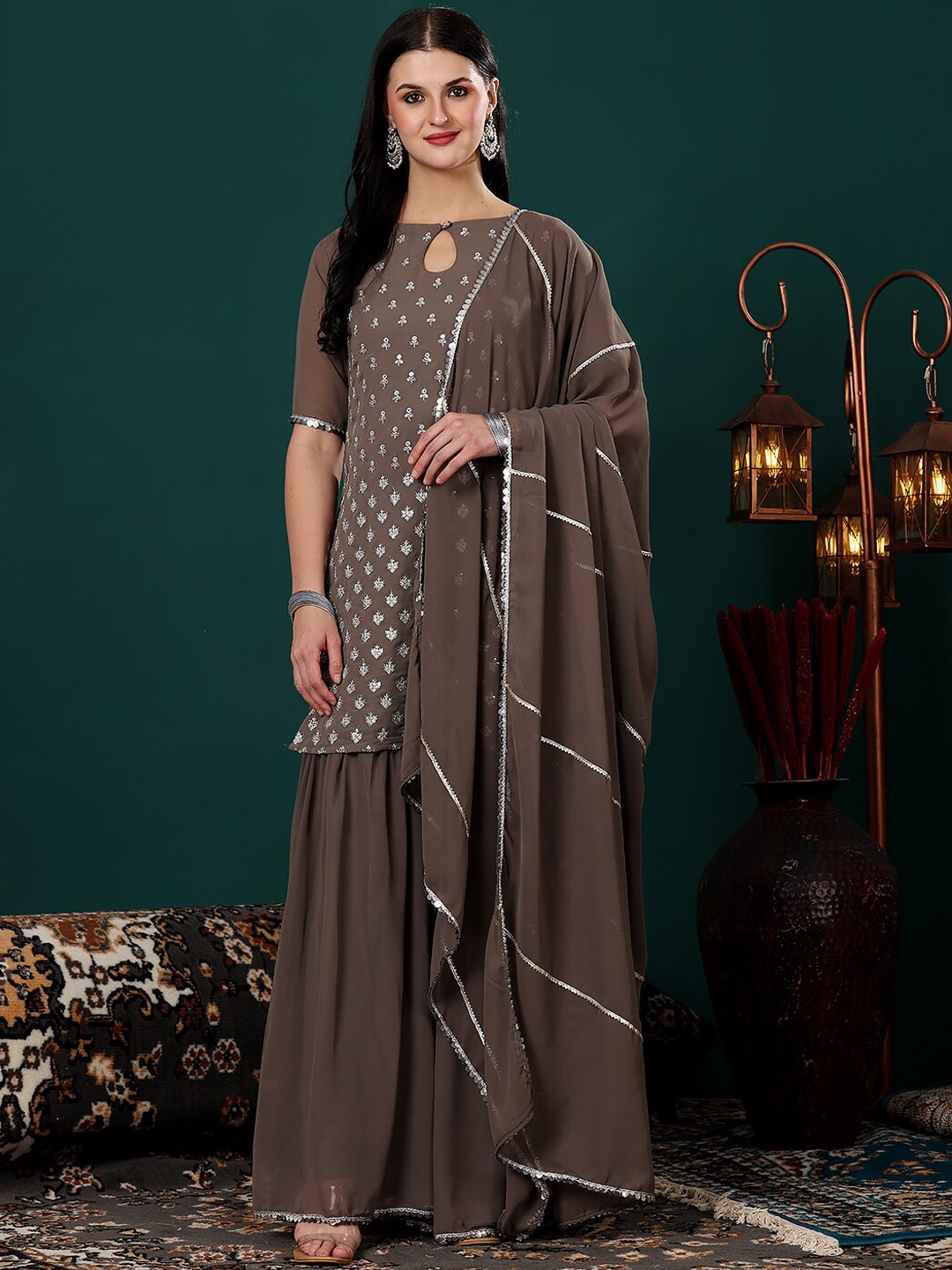 

Ethnovog Floral Embroidered Regular Thread Work Kurti with Sharara & Dupatta, Grey