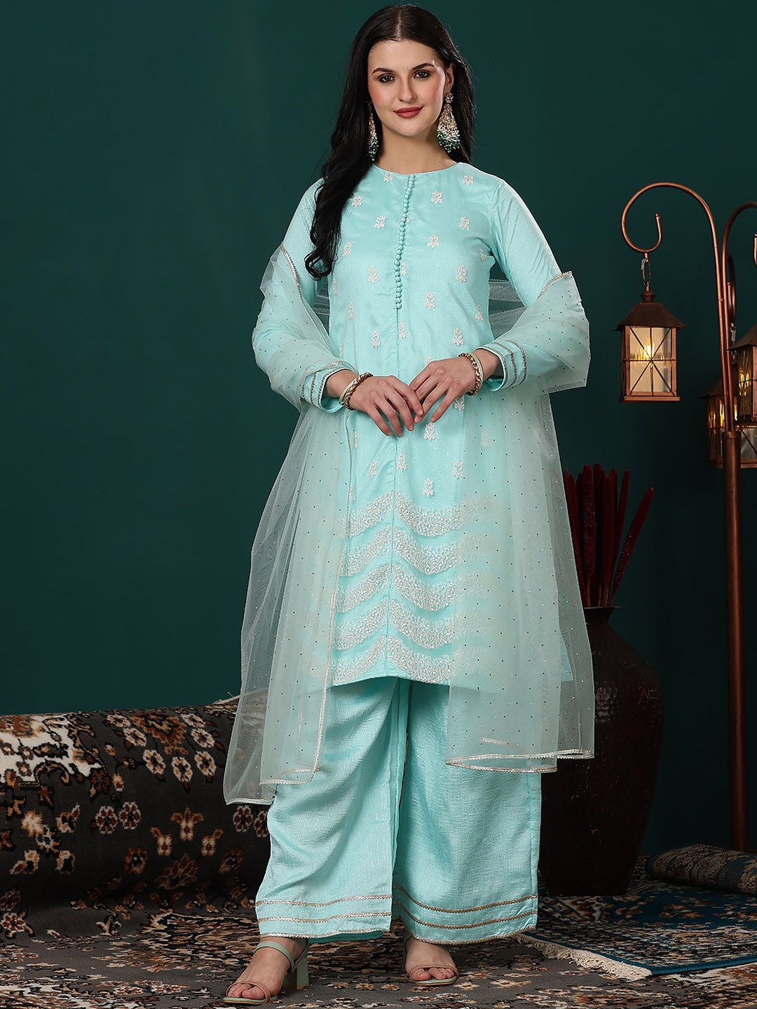 

Ethnovog Ethnic Motifs Embroidered Thread Work Kurta with Palazzo & Dupatta, Blue
