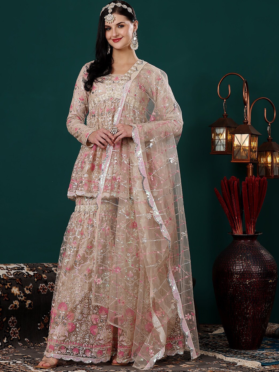 

Ethnovog Floral Embroidered Regular Sequinned Kurti with Sharara & Dupatta, Beige
