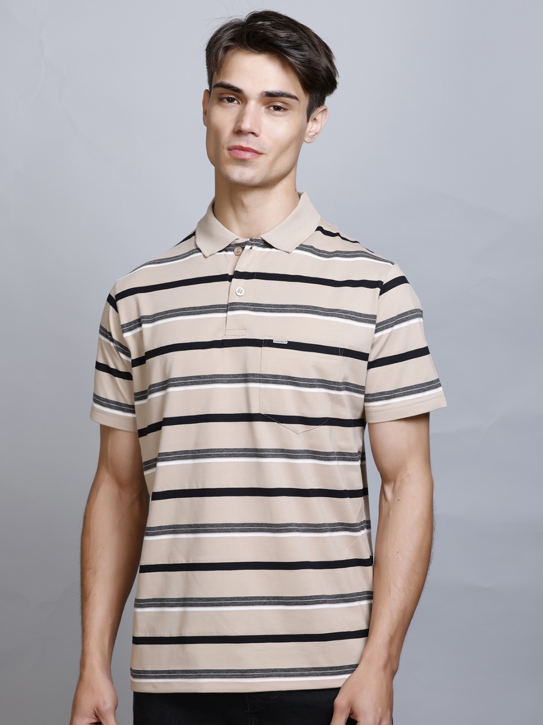 

GODFREY Horizontal Striped Polo Collar Pockets T-shirt, Beige