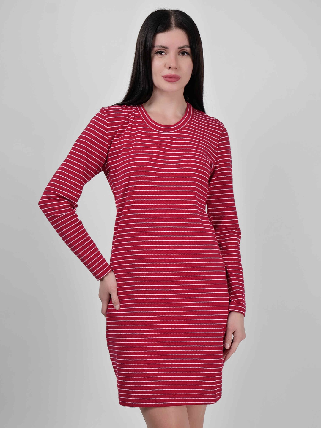 

DRIRO Striped Round Neck Cotton Sheath Dress, Magenta