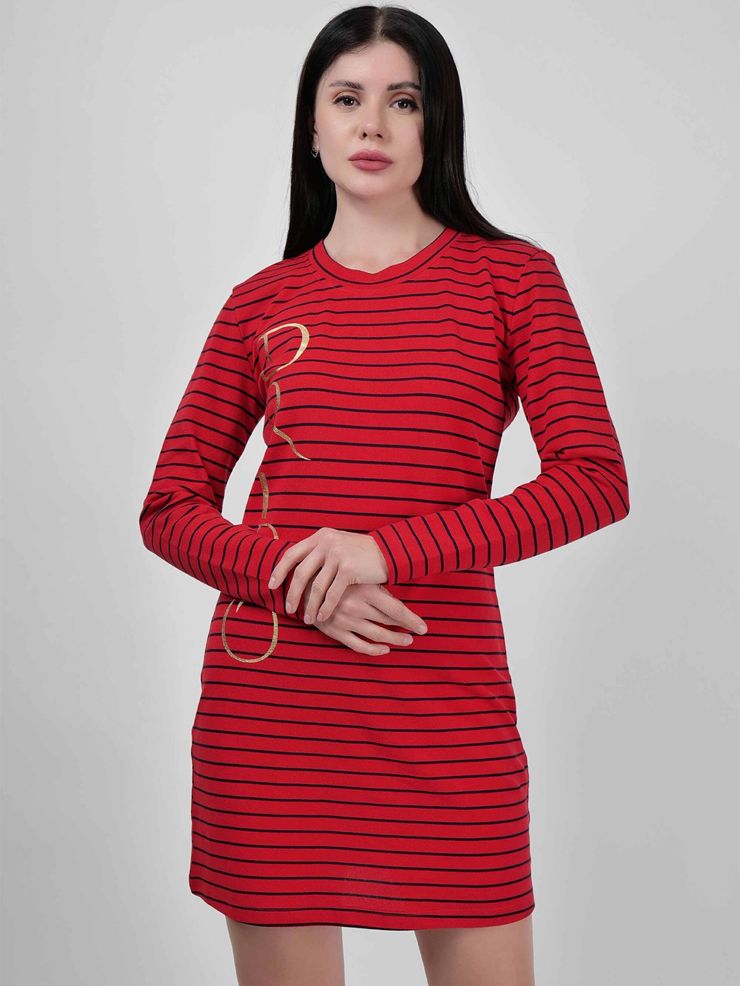 

DRIRO Striped Round Neck Sheath Cotton Dress, Fuchsia