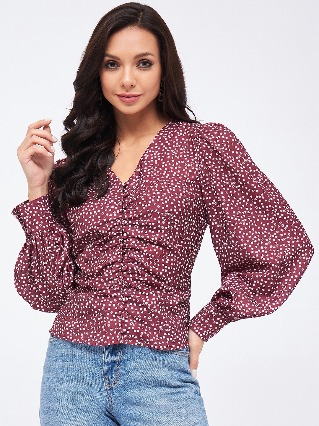 

Harpa Floral Printed V-Neck Cuffed Sleeves Top, Maroon