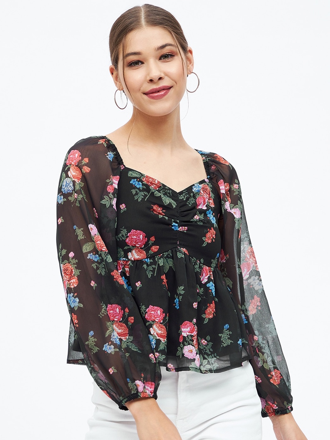 

Harpa Floral Printed Sweetheart Neck Puff Sleeve Crop Top, Black