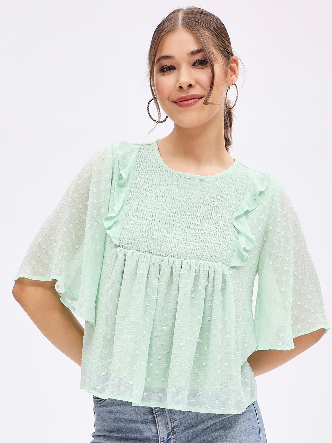 

Harpa Self Design Round Neck Flared Sleeve Empire Top, Green