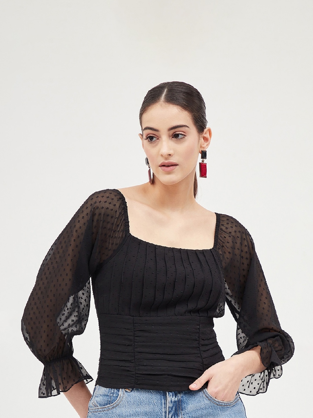 

Harpa Self Design Square Neck Long Bell Sleeve Crop Top, Black