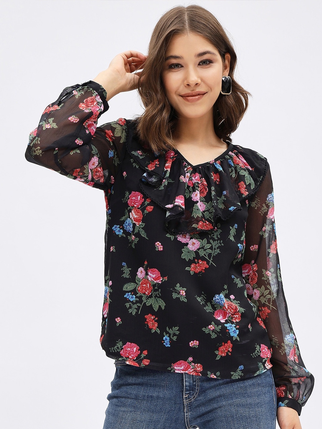 

Harpa Floral Printed V-Neck Top, Black