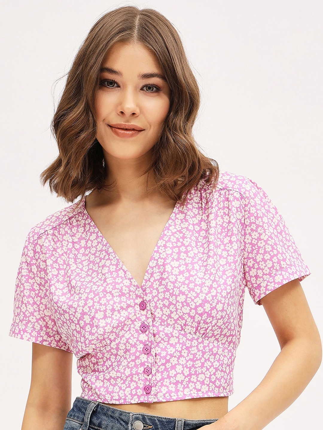 

Harpa Floral Printed V-Neck Crop Top, Pink