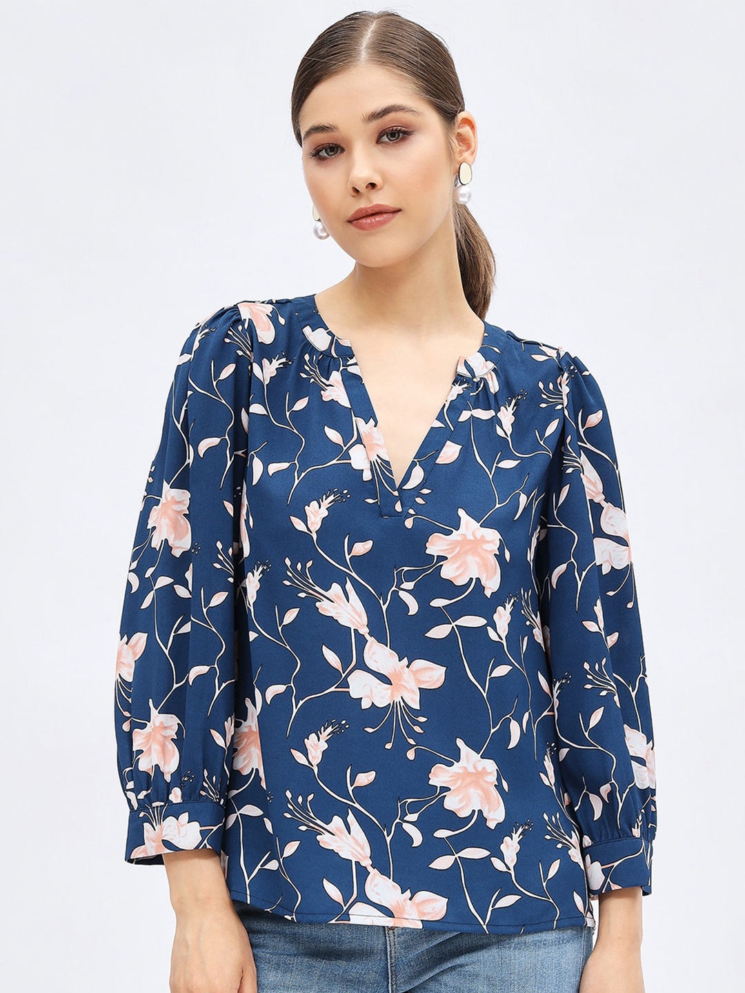 

Harpa Floral Printed V-Neck Top, Blue