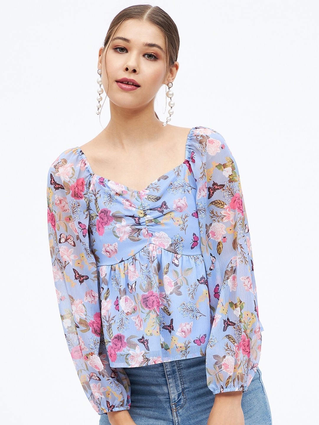 

Harpa Floral Print Sweetheart Neck Puff Sleeve Empire Crop Top, Blue