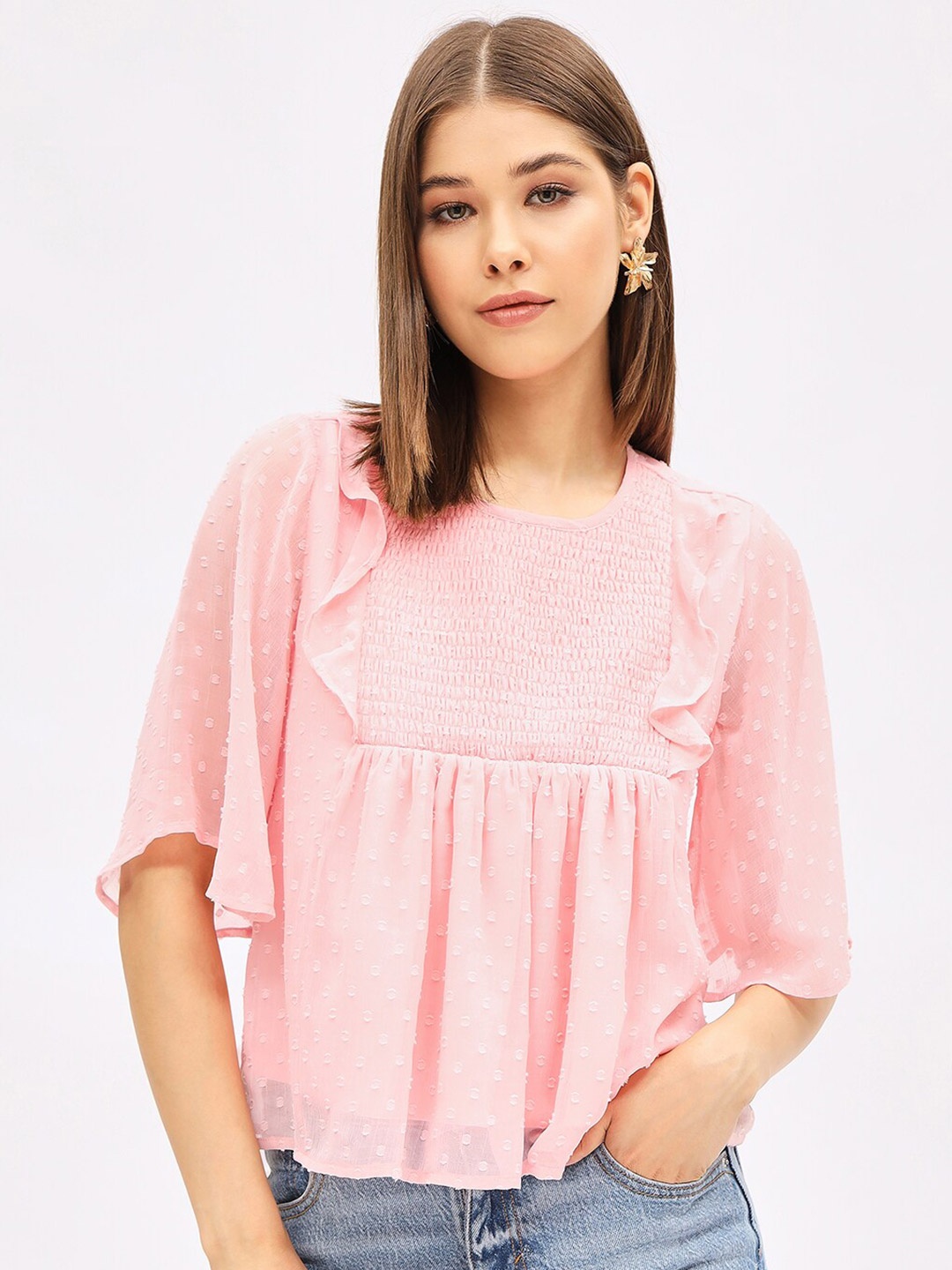 

Harpa Self Design Flared Sleeve Smocked A-Line Top, Pink