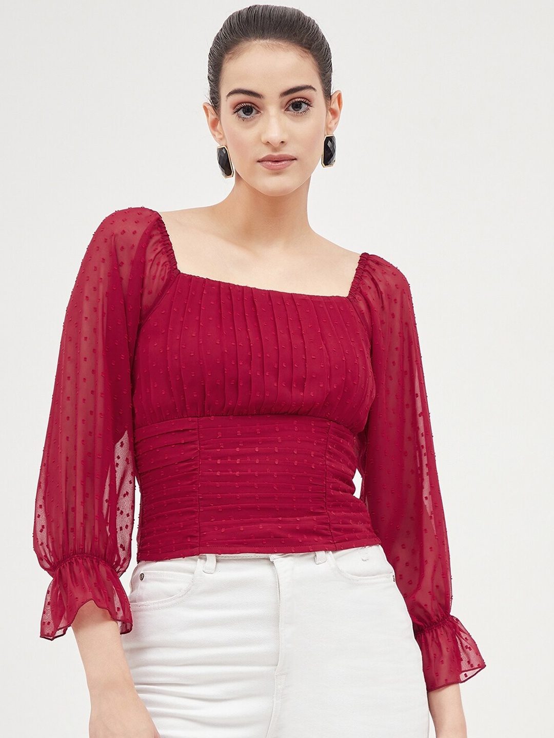 

Harpa Puff Sleeve Smocked Cinched Waist Crop Top, Maroon