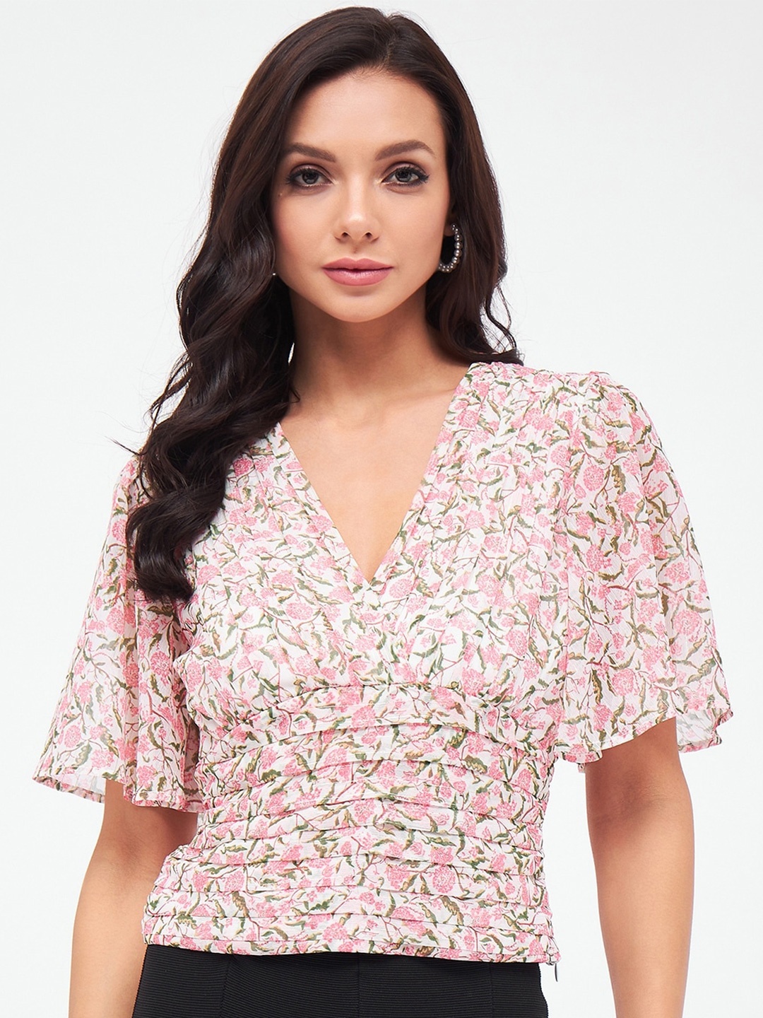 

Harpa Floral Printed V-Neck Flared Sleeve Wrap Top, Pink