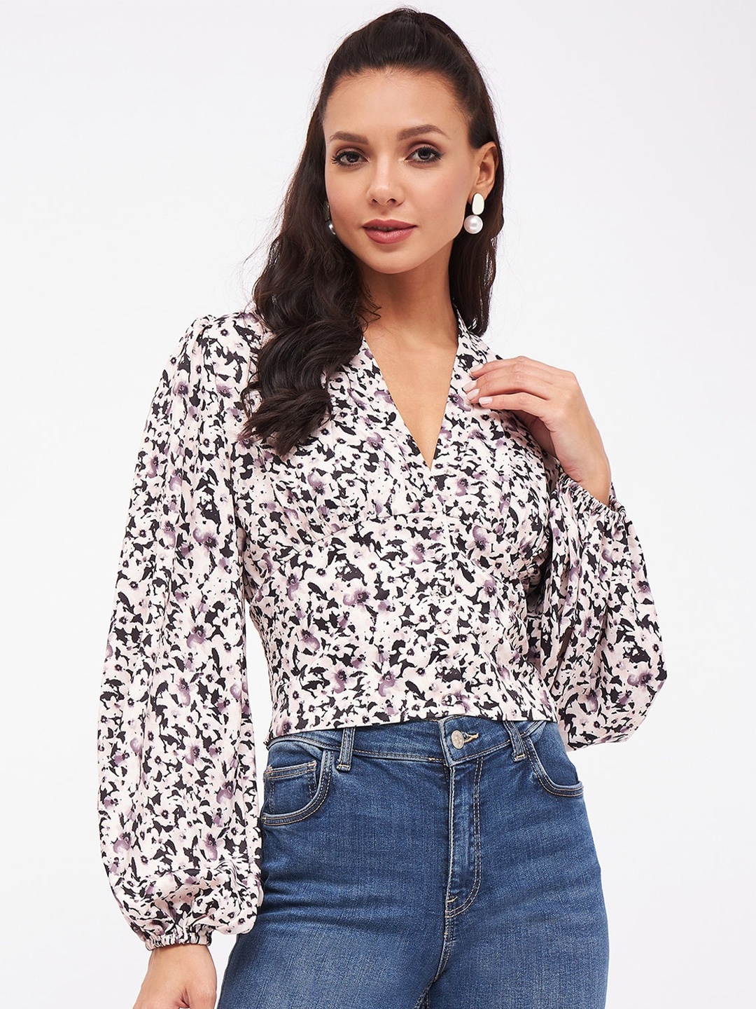 

Harpa Floral Printed Puff Sleeve Crop Top, Beige