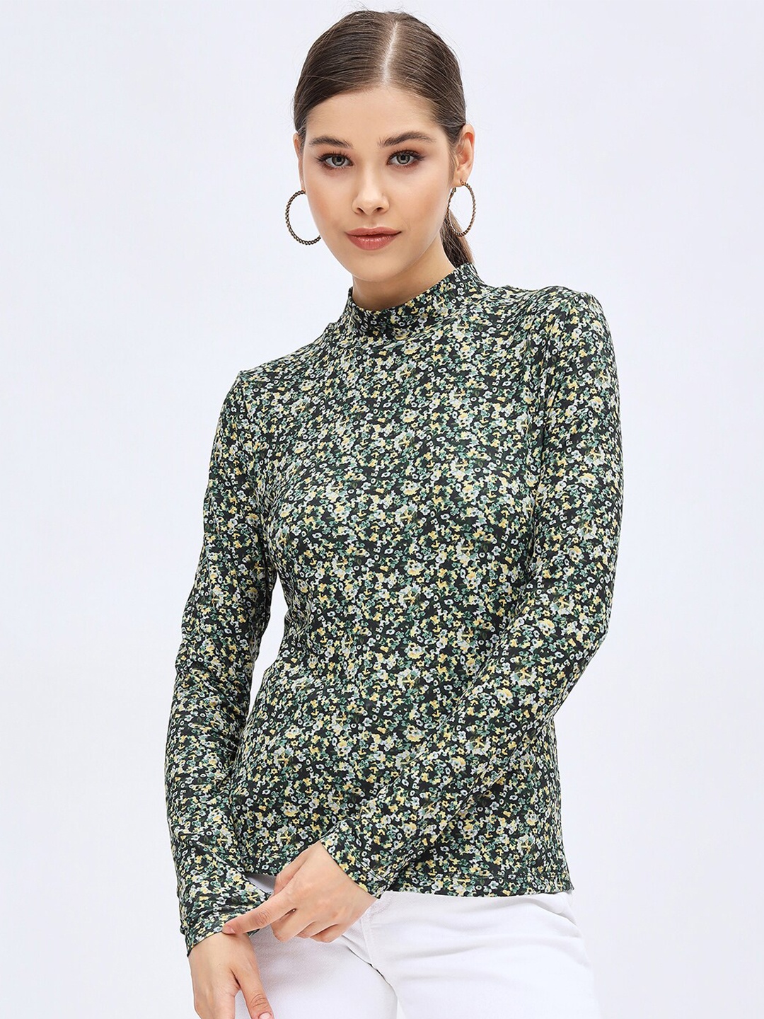 

Harpa Floral Printed High Neck Fitted Top, Green