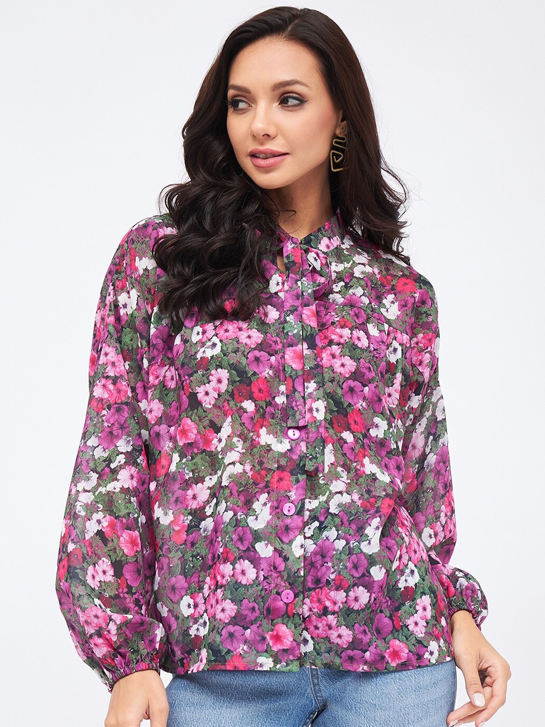 

Harpa Floral Printed Puff Sleeve Shirt Style Top, Grey