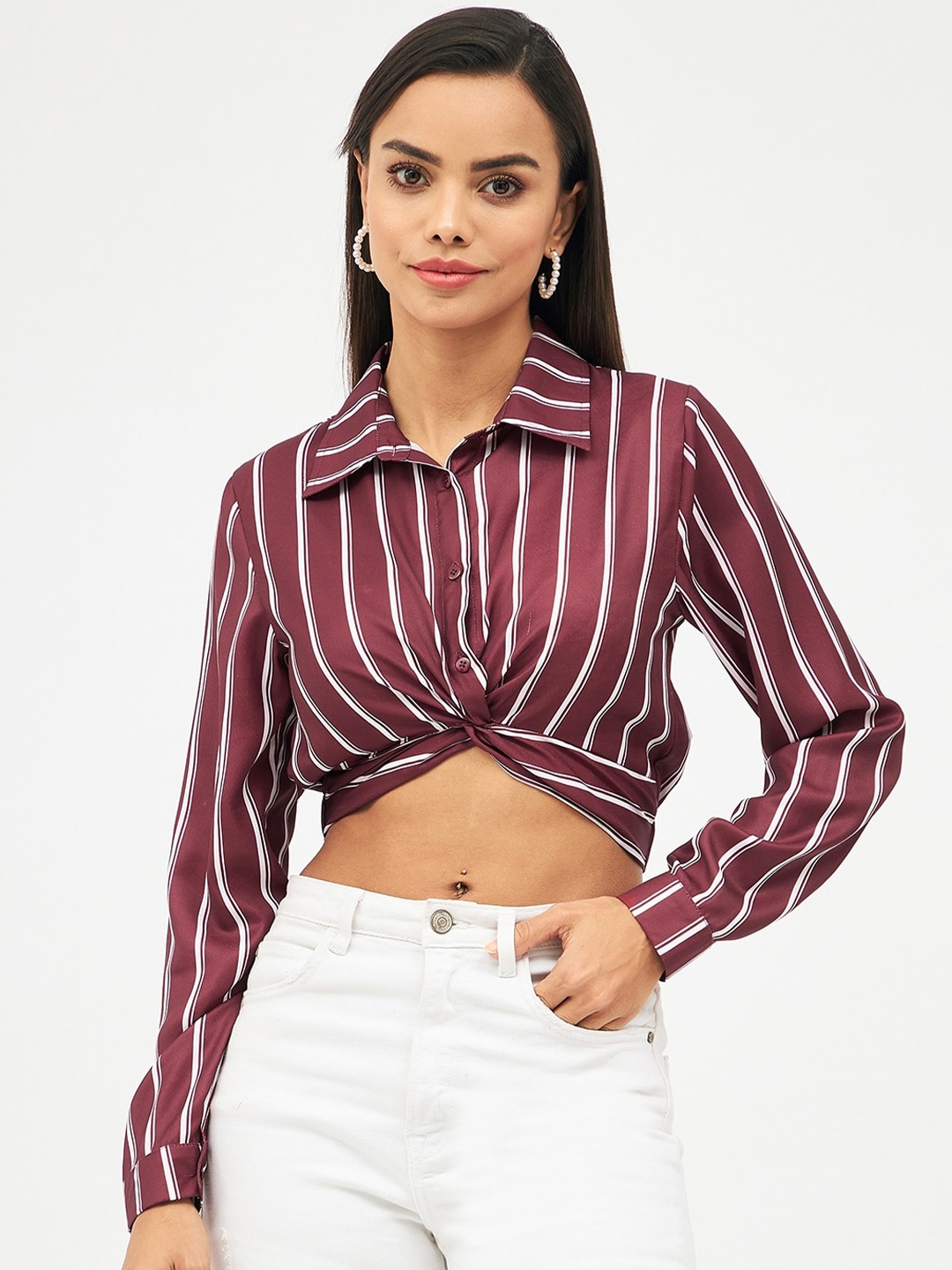 

Harpa Striped Shirt Style Crop Top, Maroon