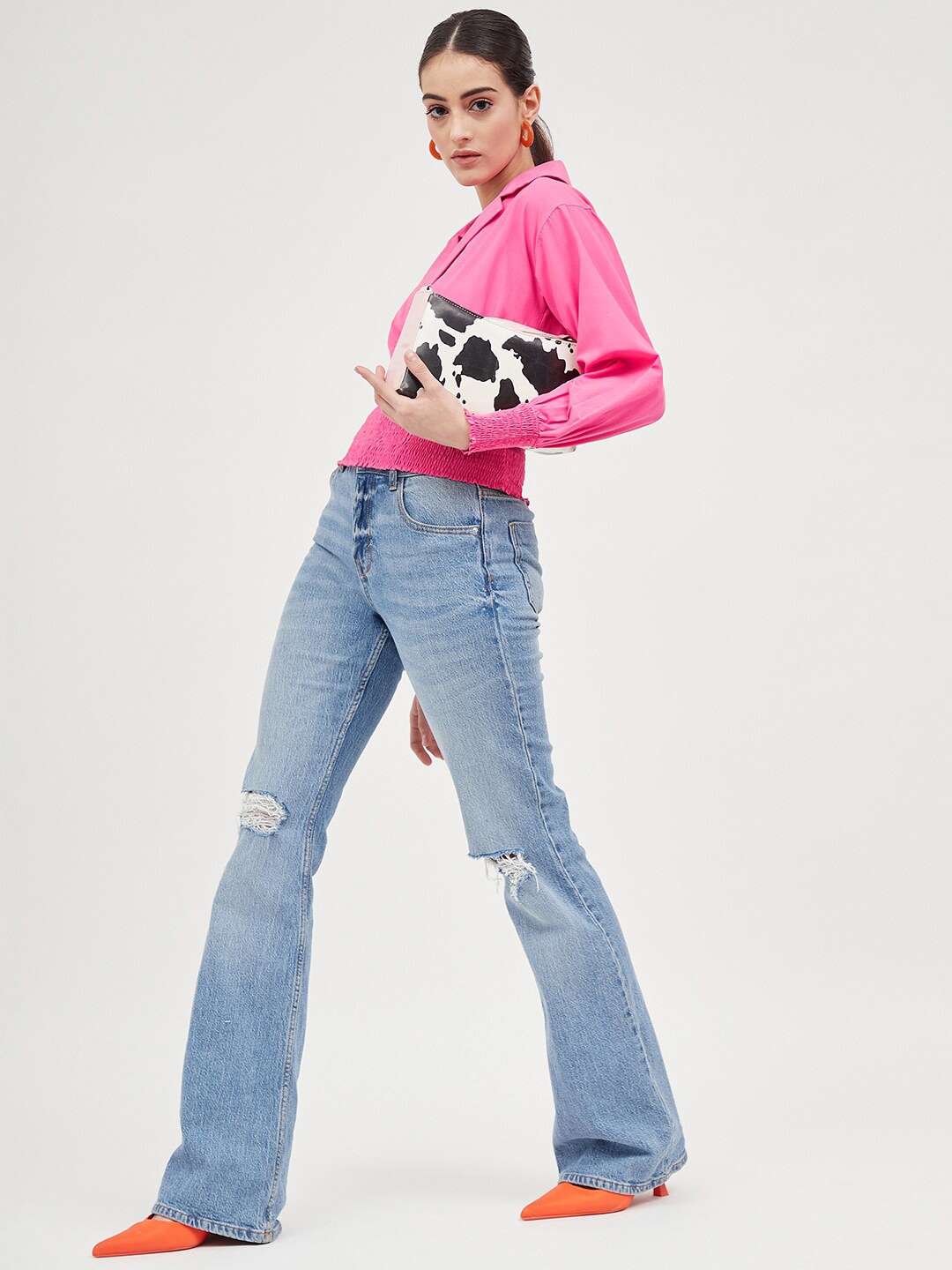 

Harpa Notched Lapel Collar Smocked Top, Pink