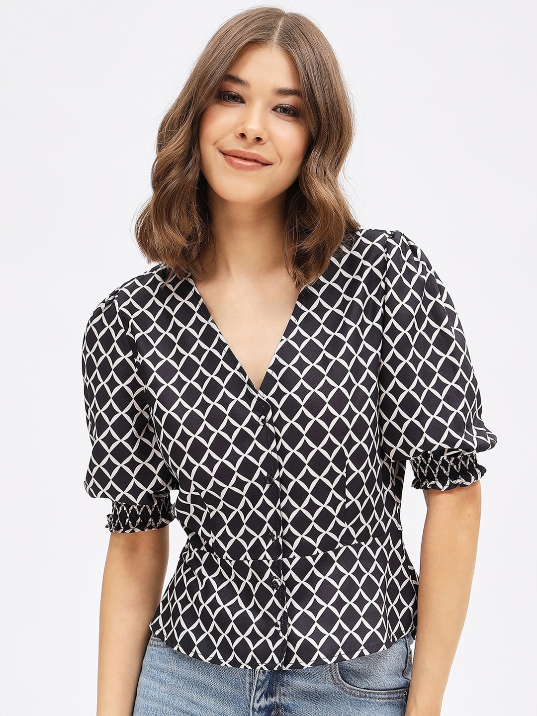

Harpa Geometric Printed V-Neck Top, Black
